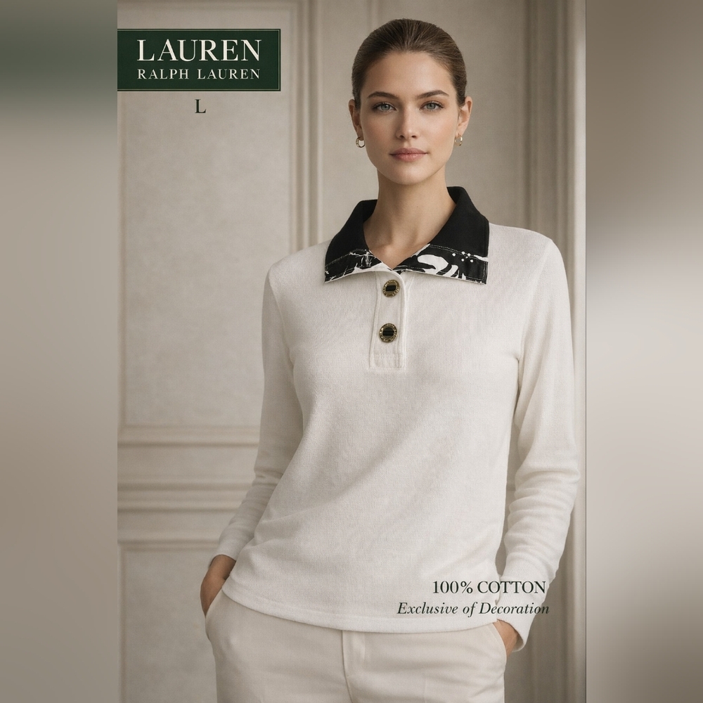 Lauren Ralph Lauren Women White Cotton Sweater Button Front Long Sleeve L NWOT